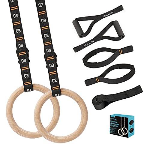Vulken Wooden Gymnastic Rings with Adjustable Numbered Straps 11 Olympic Rings for Core Workout Crossfit and Bodyweight Training Home Gym Rings 1600lbs with Workout Handles - The Victory Sport Store